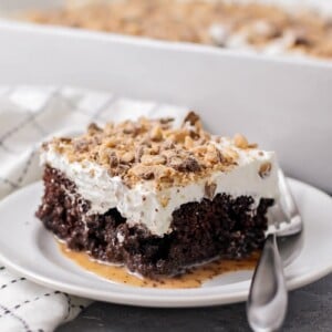 A slice of better than anything cake served on a white plate.