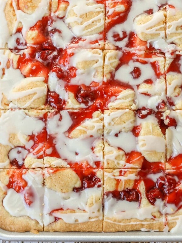 A pan of cherry bars fresh out of the oven.