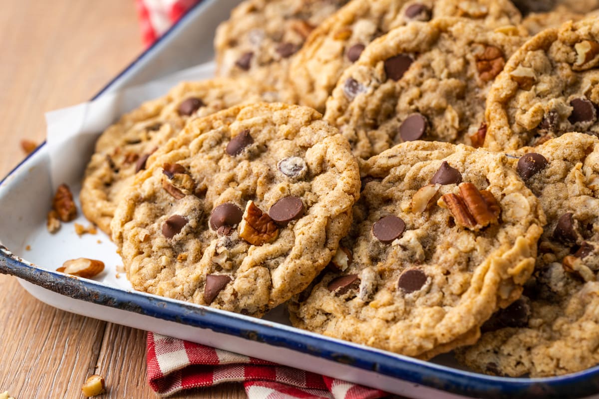 Close up of a white tray filled with cowboy cookies.