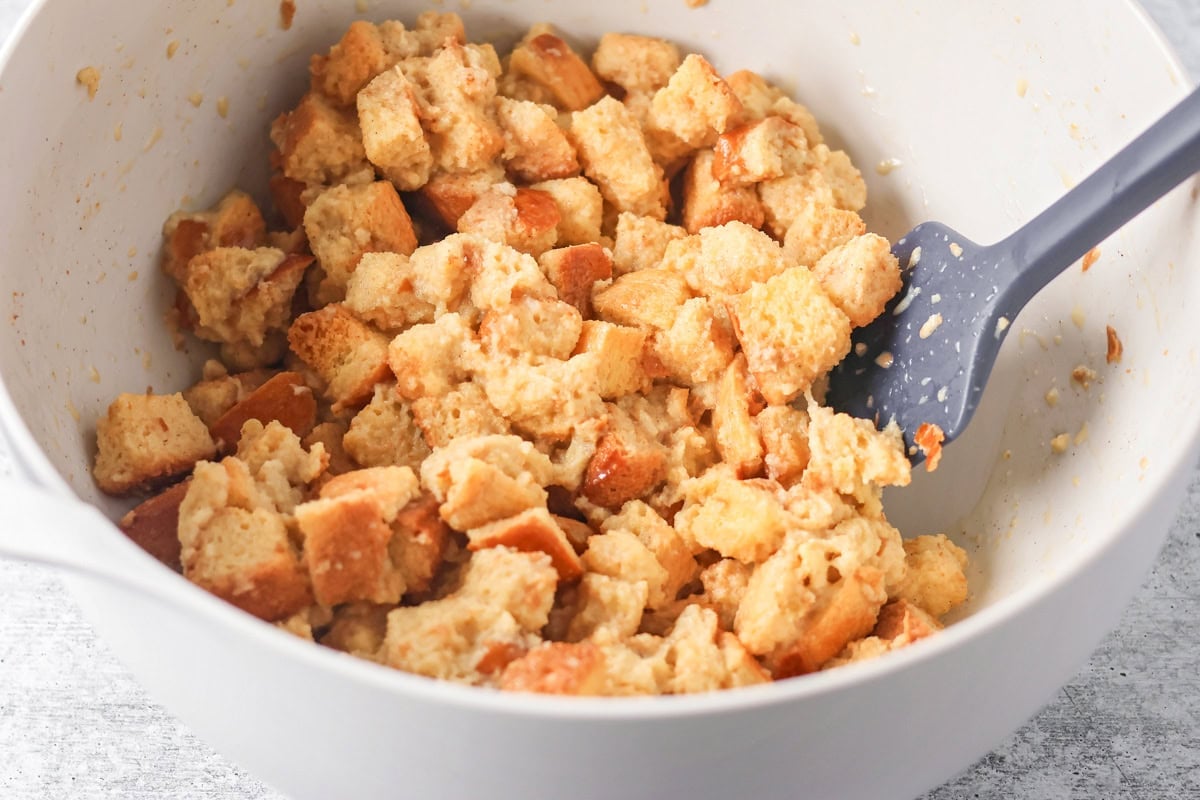 Bread mixed together in bowl.