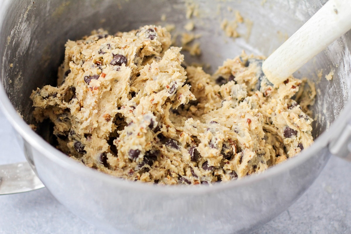 Toll house cookie dough recipe in mixing bowl.