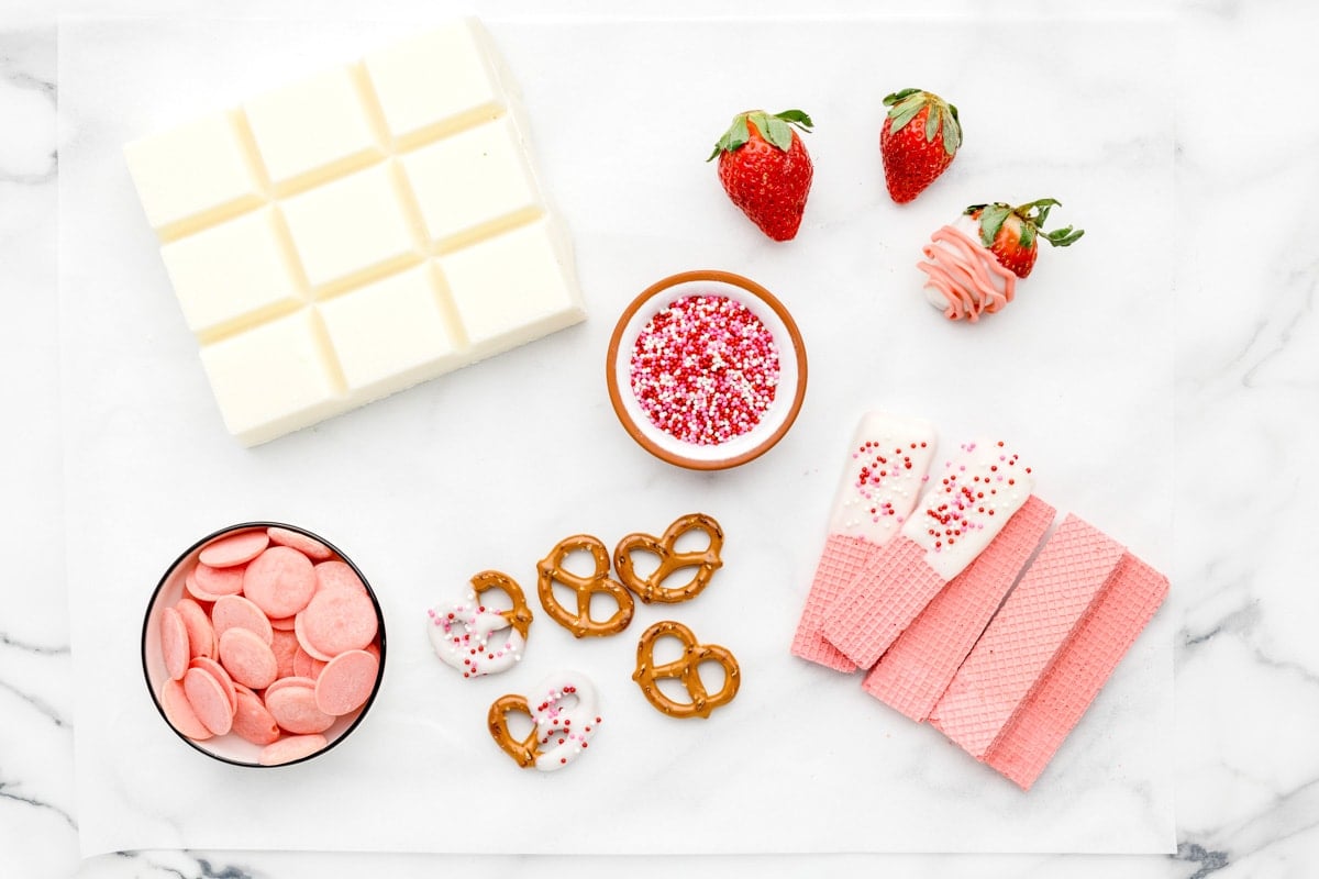 Dipped strawberries, pretzels, and wafers for a Valentine's charctuerie board.