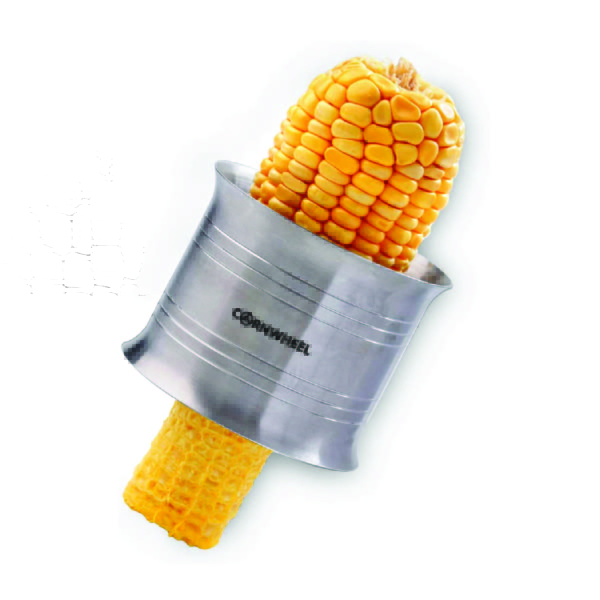 A cob of corn with a cylinder-shaped stainless steel gadget around it that can be used to strip the corn from the cob.