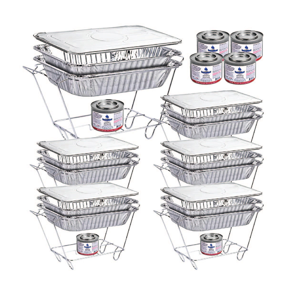 Disposable aluminum baking pans with stands, lids and fuel pans. 