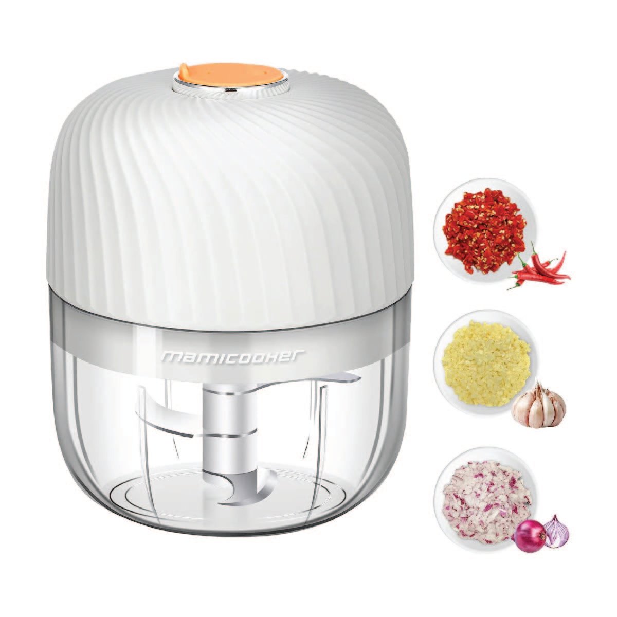 An electric food chopper with bowls of chopped peppers, garlic and onion on the side.