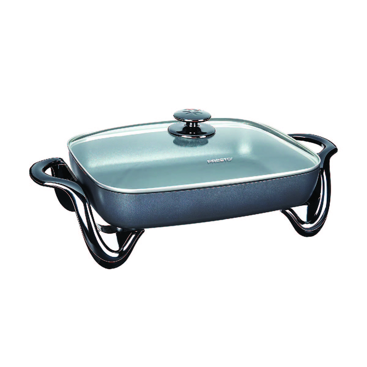 A rectangular black electric skillet with a clear glass lid.