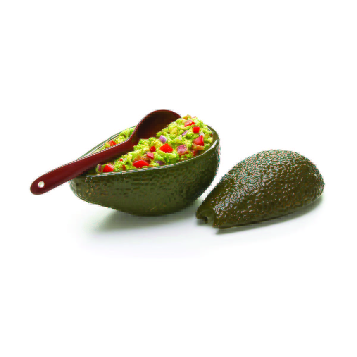 A ceramic bowl that looks like an avocado filled with guacamole with a spoon inside and a lid on the side.
