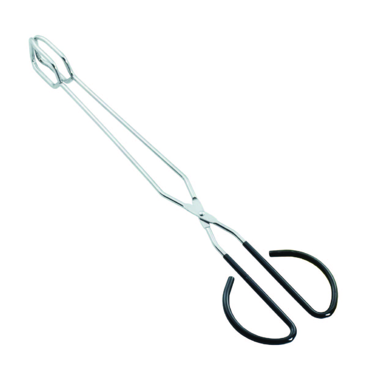 A pair of stainless steel tongs with black rubber grip handles.