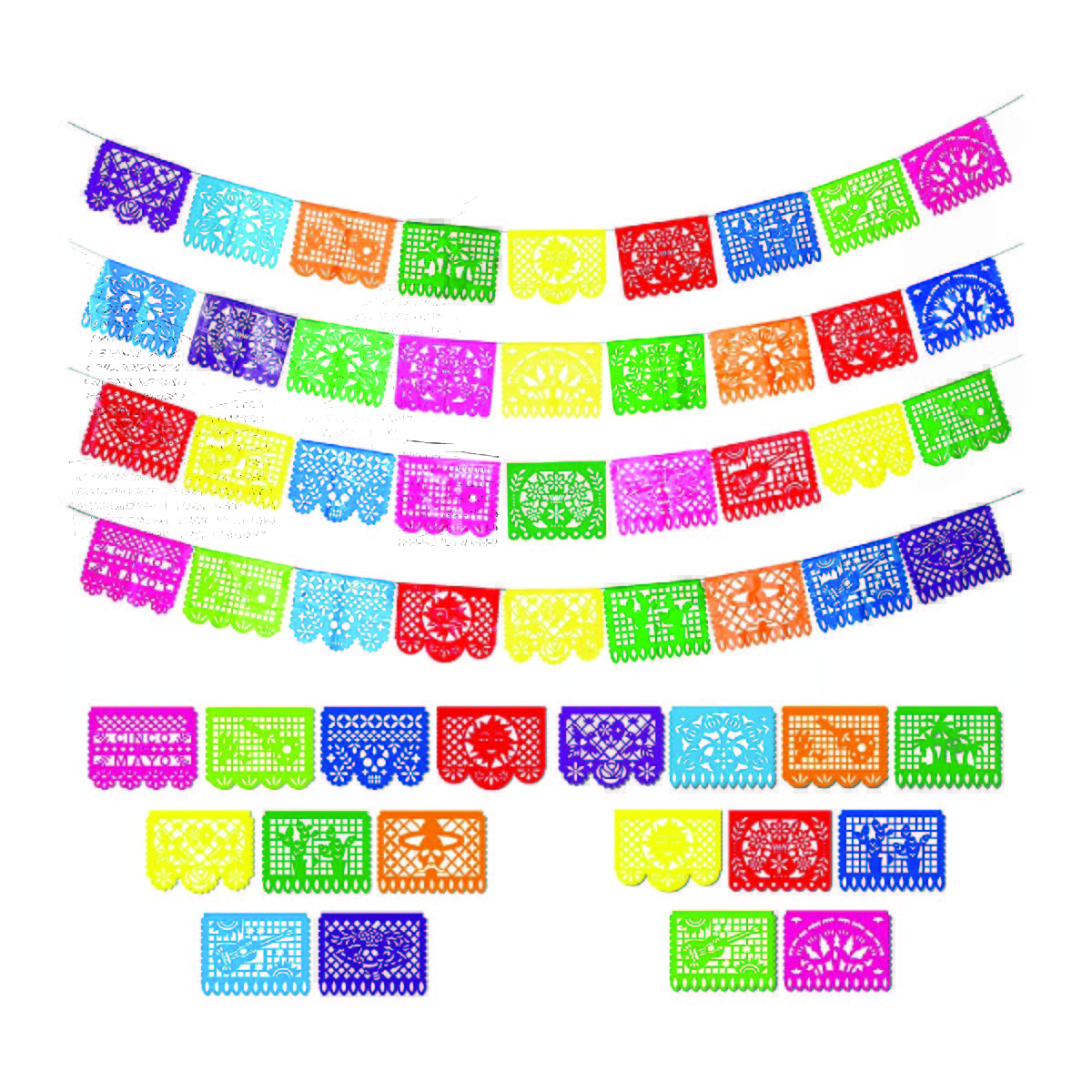 Bright banners consisting of multiple small different-colored flags with different Mexican-themed designs.