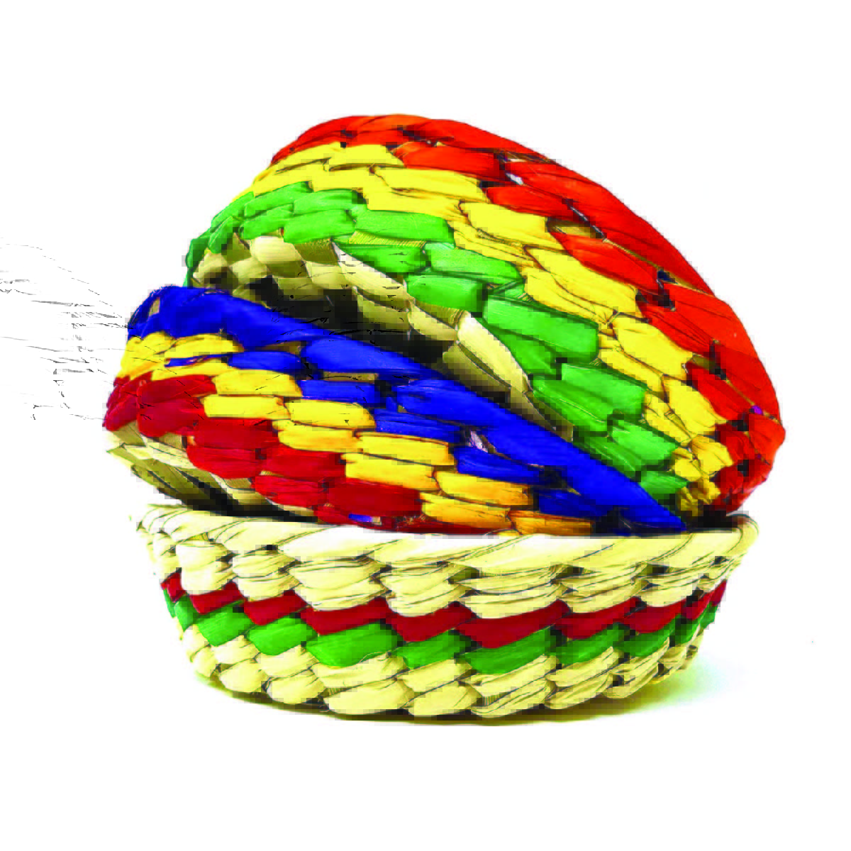 Three brightly colored woven baskets stacked in one pile.