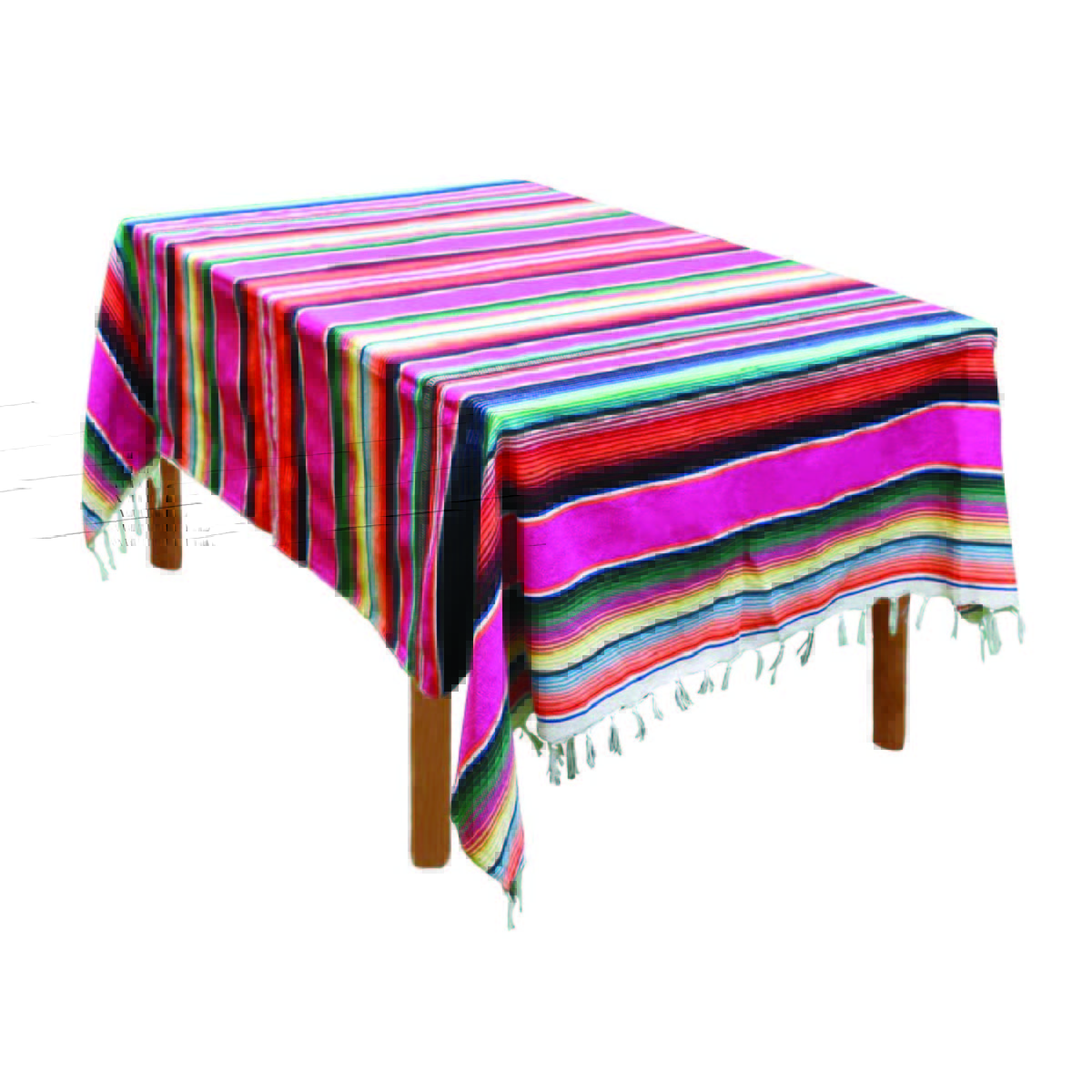 A table covered with a Mexican blanket striped and brightly-colored tablecloth. 