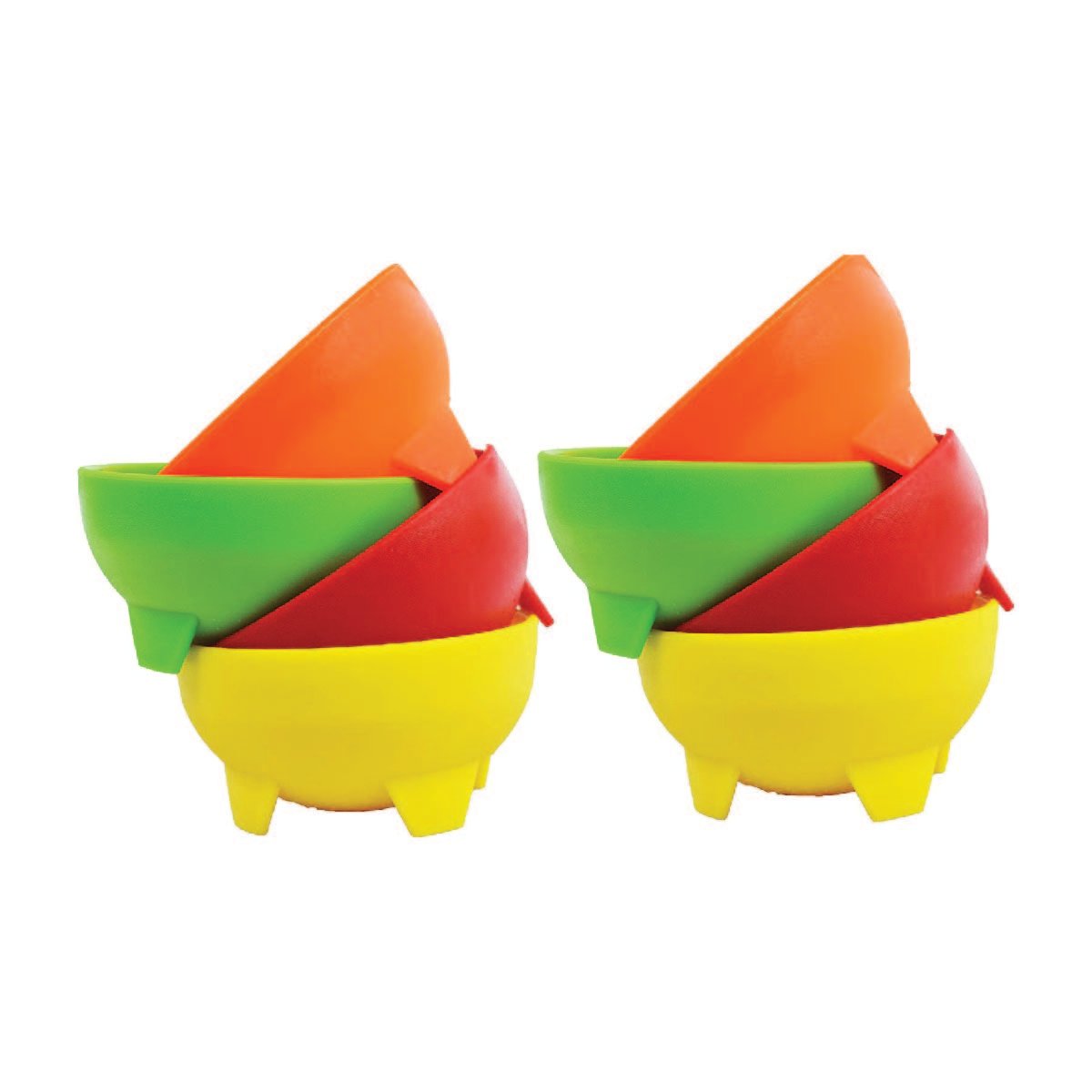 Eight small brightly colored salsa bowls stacked in two piles.