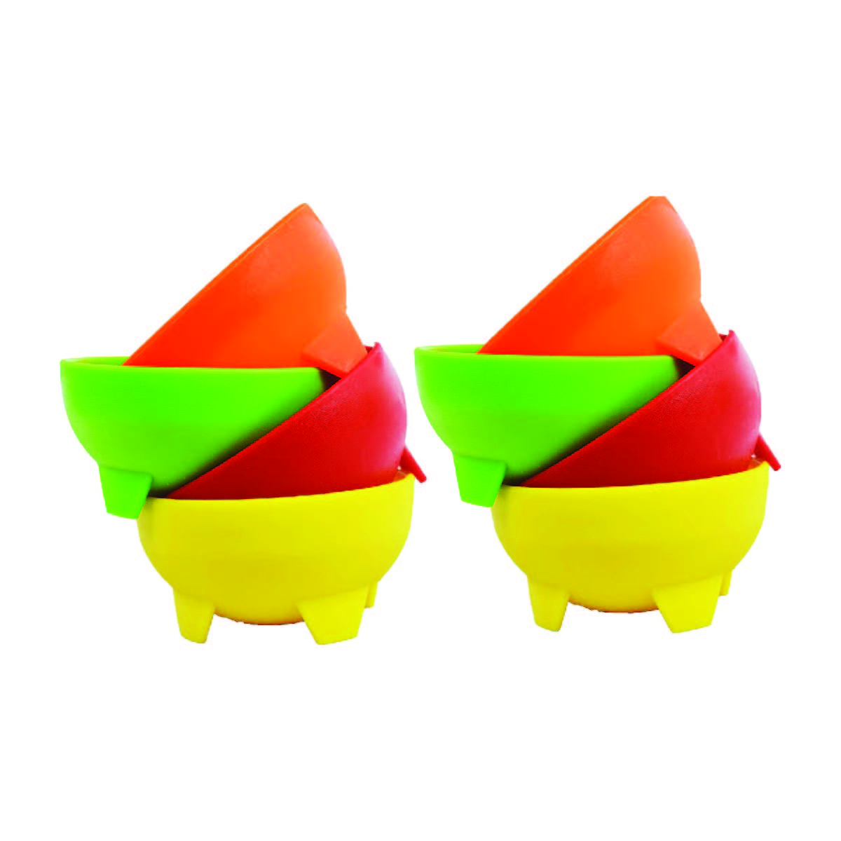 Eight small brightly colored salsa bowls stacked in two piles.