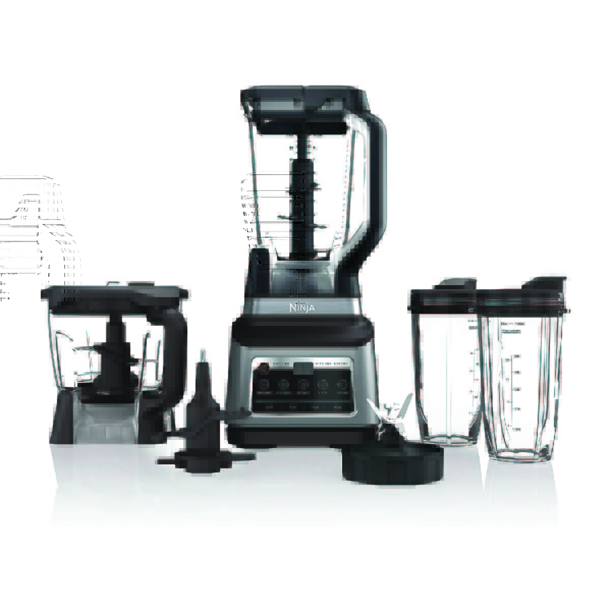 A Ninja brand blender with multiple attachments and pitchers.