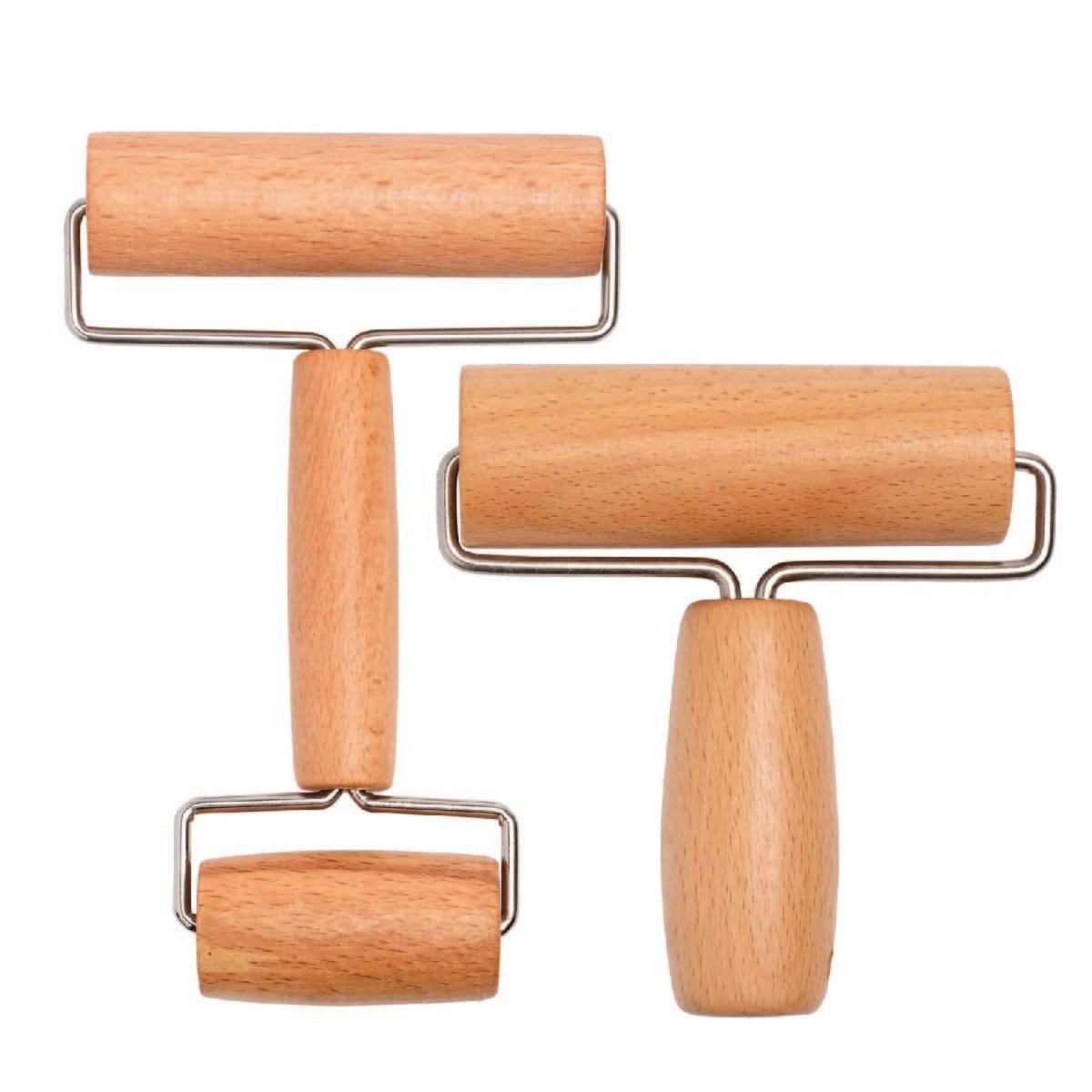 Two wooden pastry rollers with three different-sized wheels.