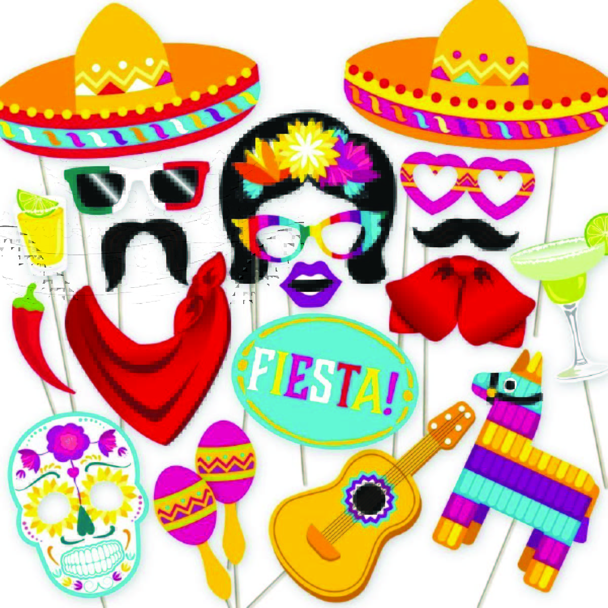Several different fiesta-themed photo booth props.