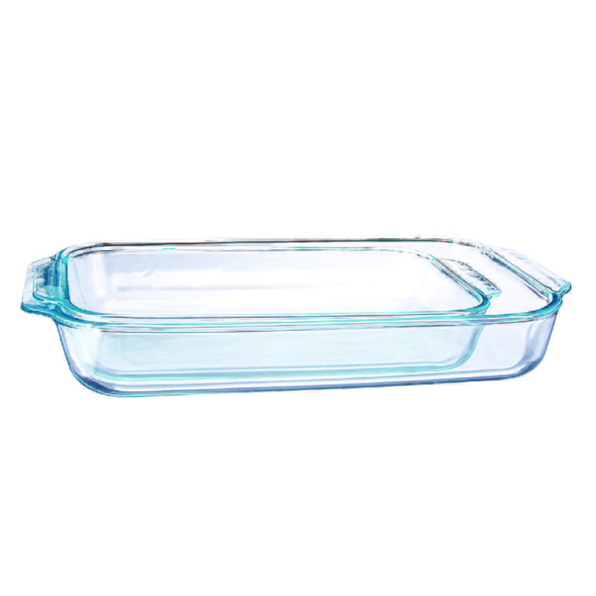 Two different-sized rectangular clear glass baking dishes with the smaller one inside the larger one. 