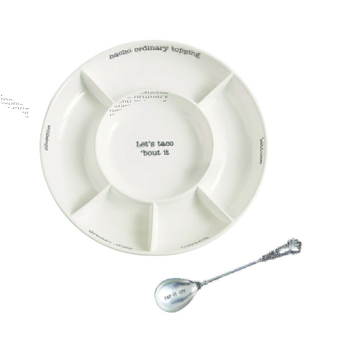 A white platter with labeled sections for different taco toppings and a stainless steel serving spoon on the side.