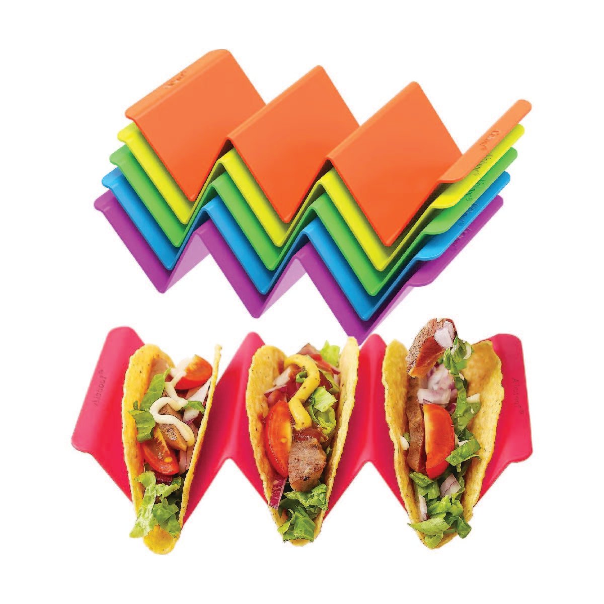 Bright and different-colored zigzag-shaped plastic taco holders each of which can hold three tacos.