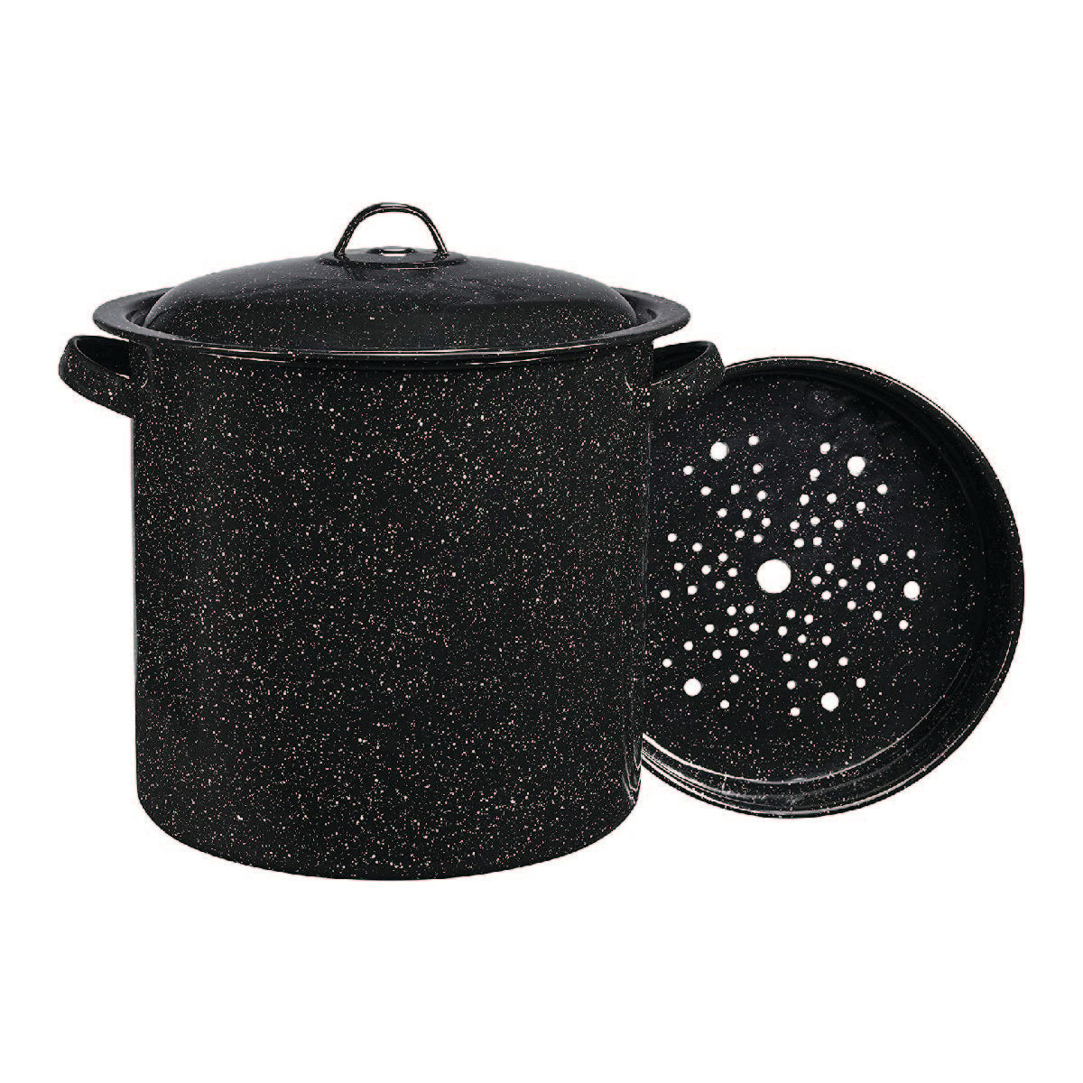 A large black steamer pot with a strainer insert.