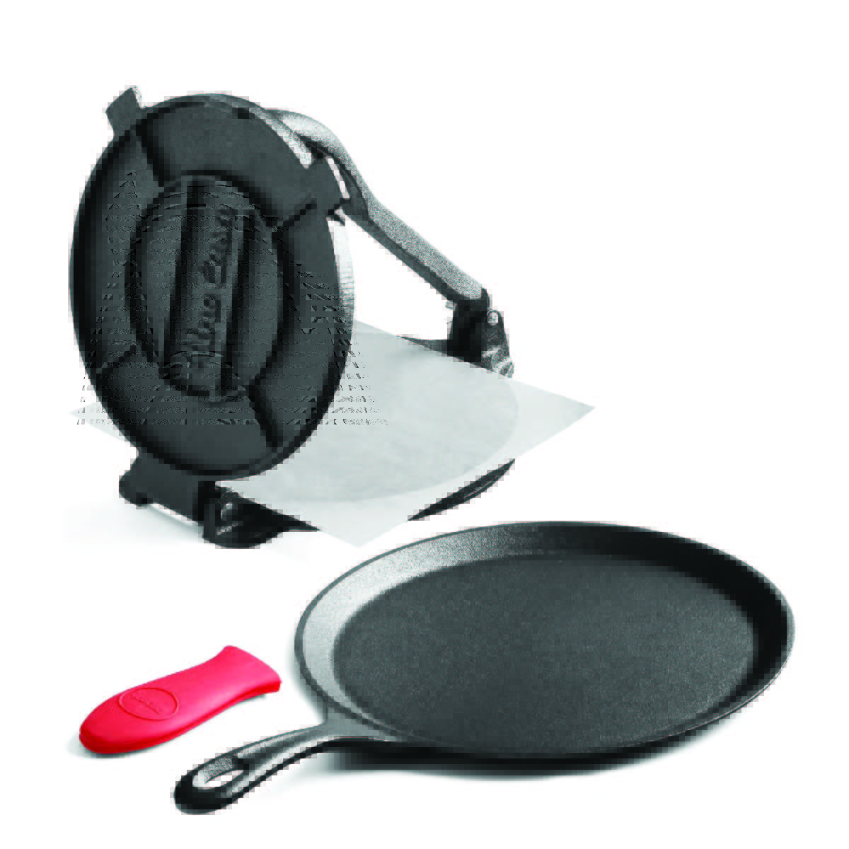 A black cast iron round tortilla press and a black cast iron round, flat pan.