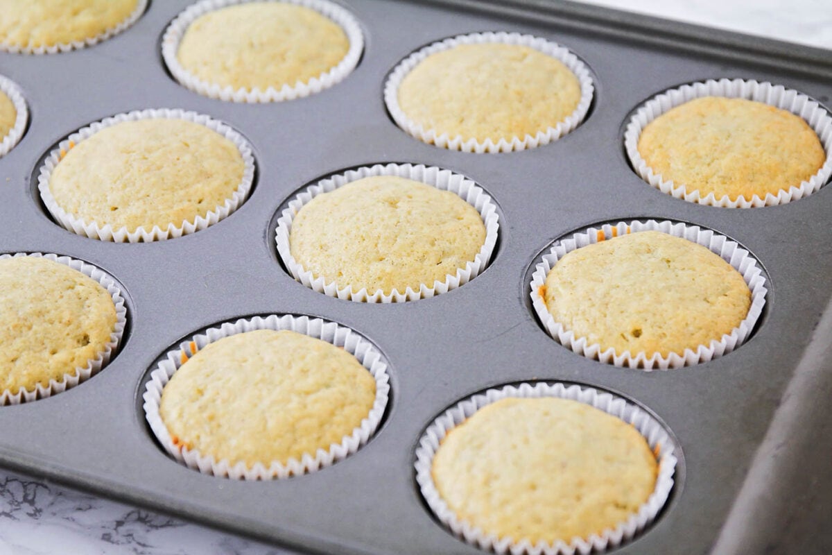 Bananan cupcakes baked in liners.