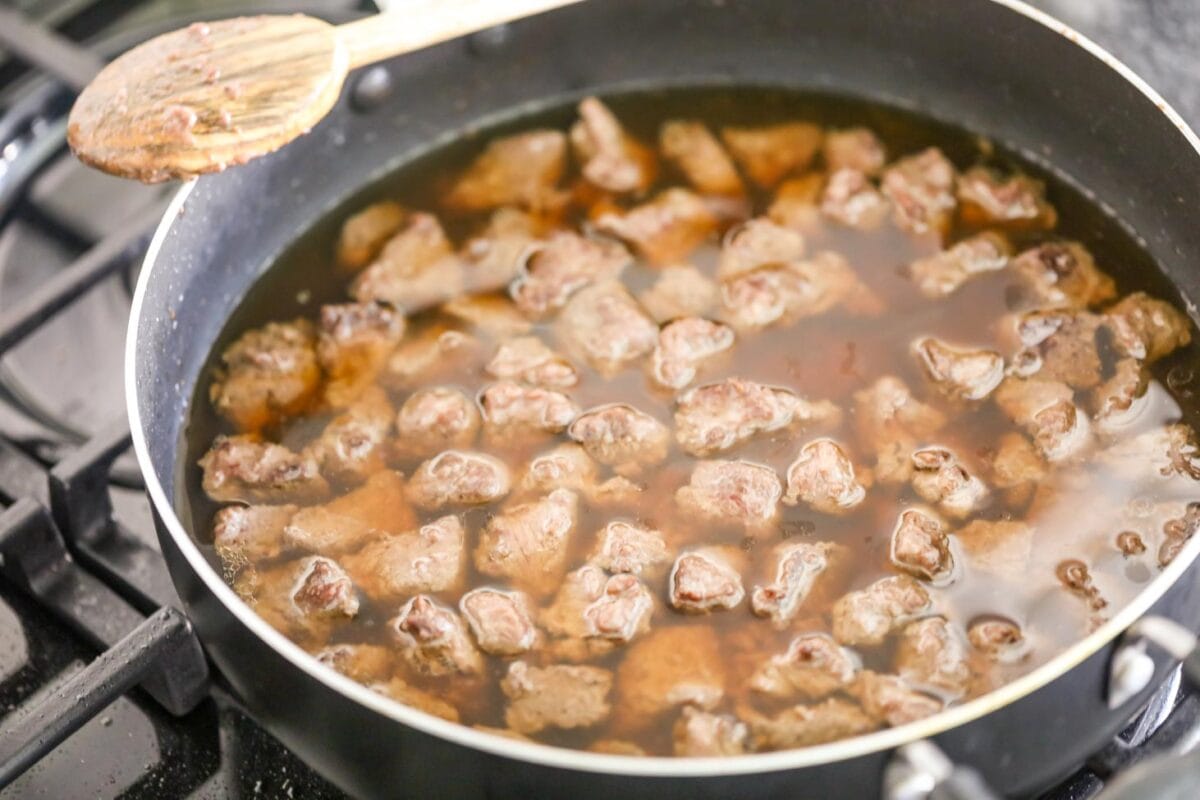 Meat being cooked for Beef stroganoff recipe.