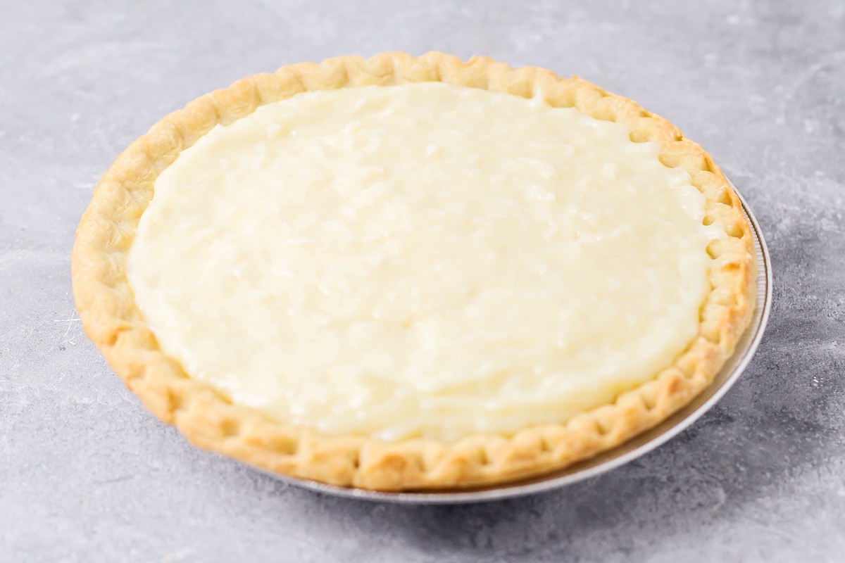A pie crust filled with coconut custard.