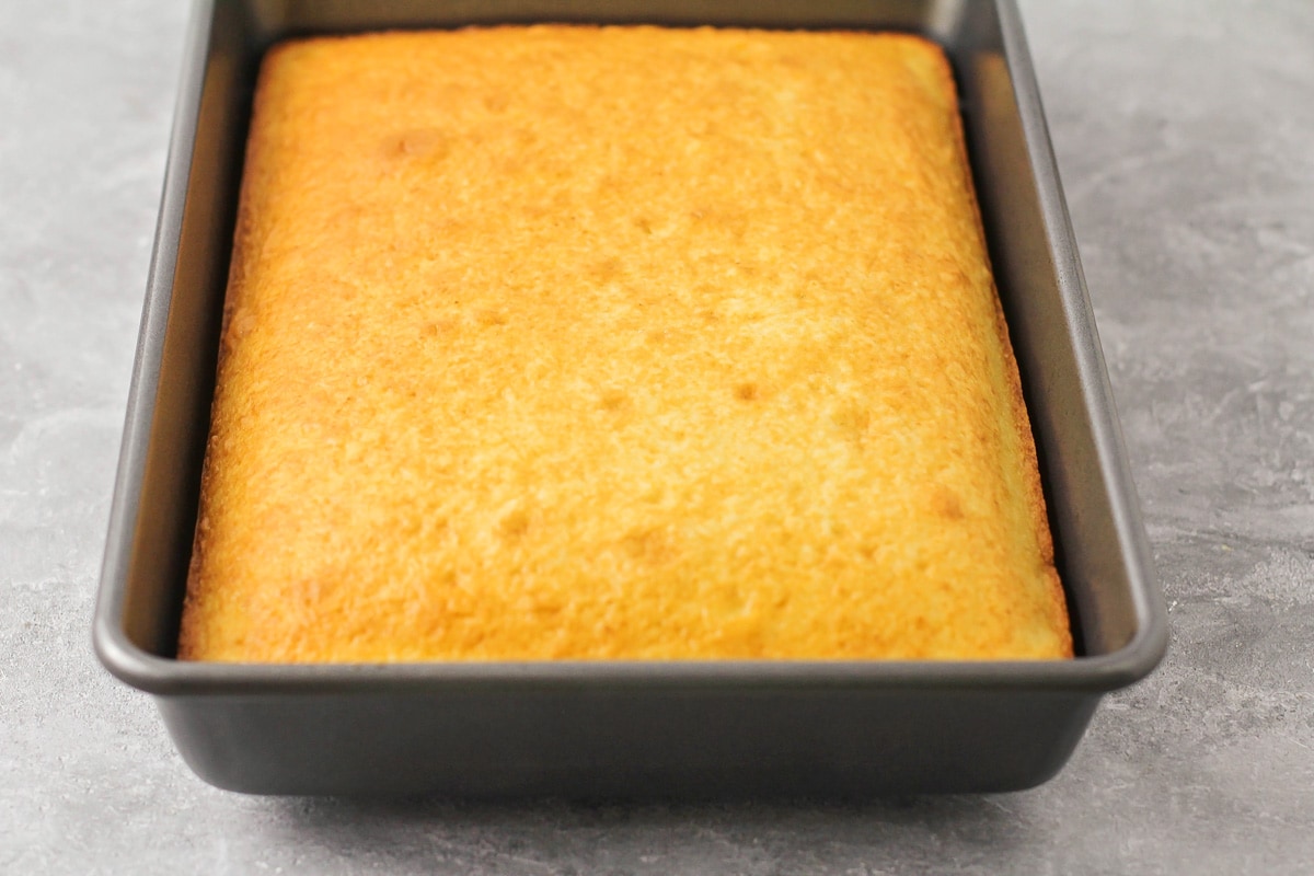 A baked cake in a metal pan.