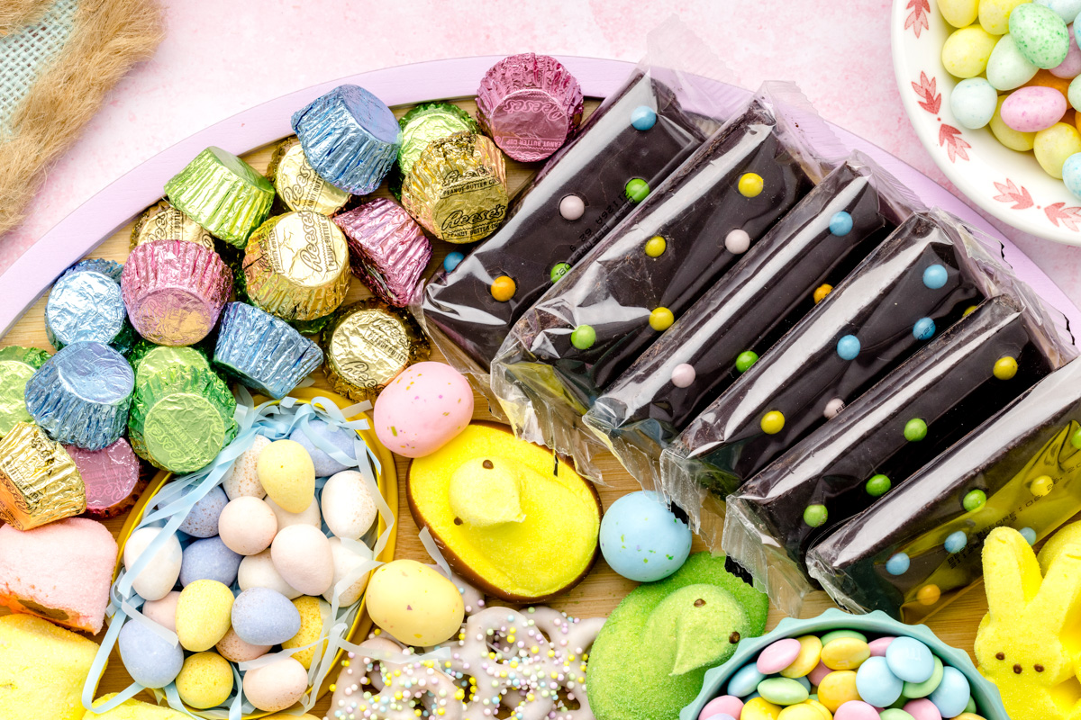 Close up of cosmic brownies and Easter candy on the Easter charcuterie board.
