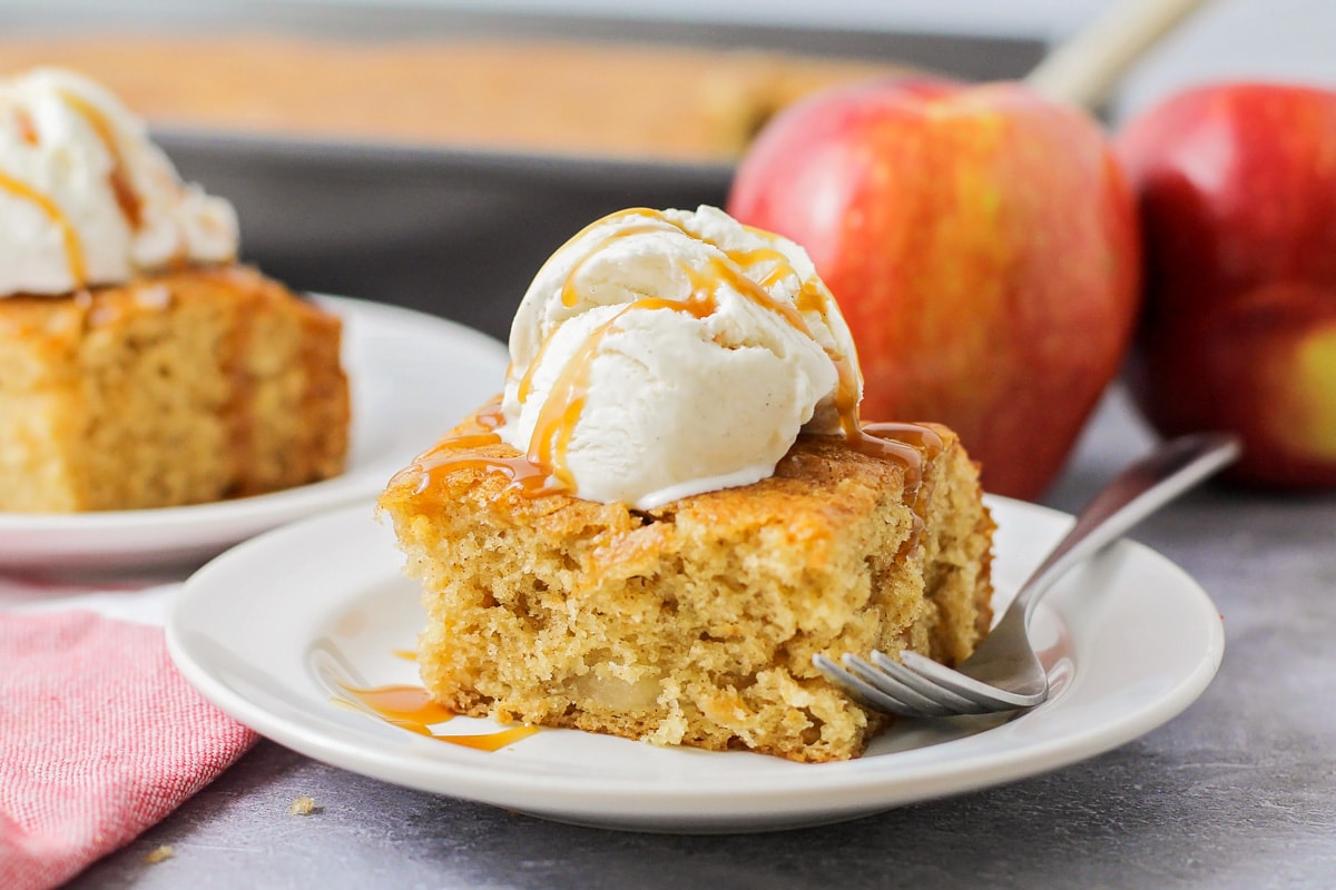 A slice of apple cake topped with vanilla ice cream on a white plate.