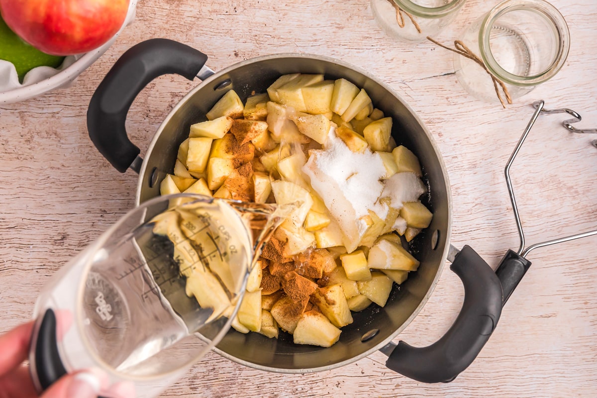 A pot filled with diced apples, cinnamon, and sugar.
