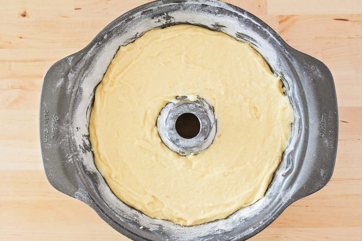 Batter in a bundt pan for baking.