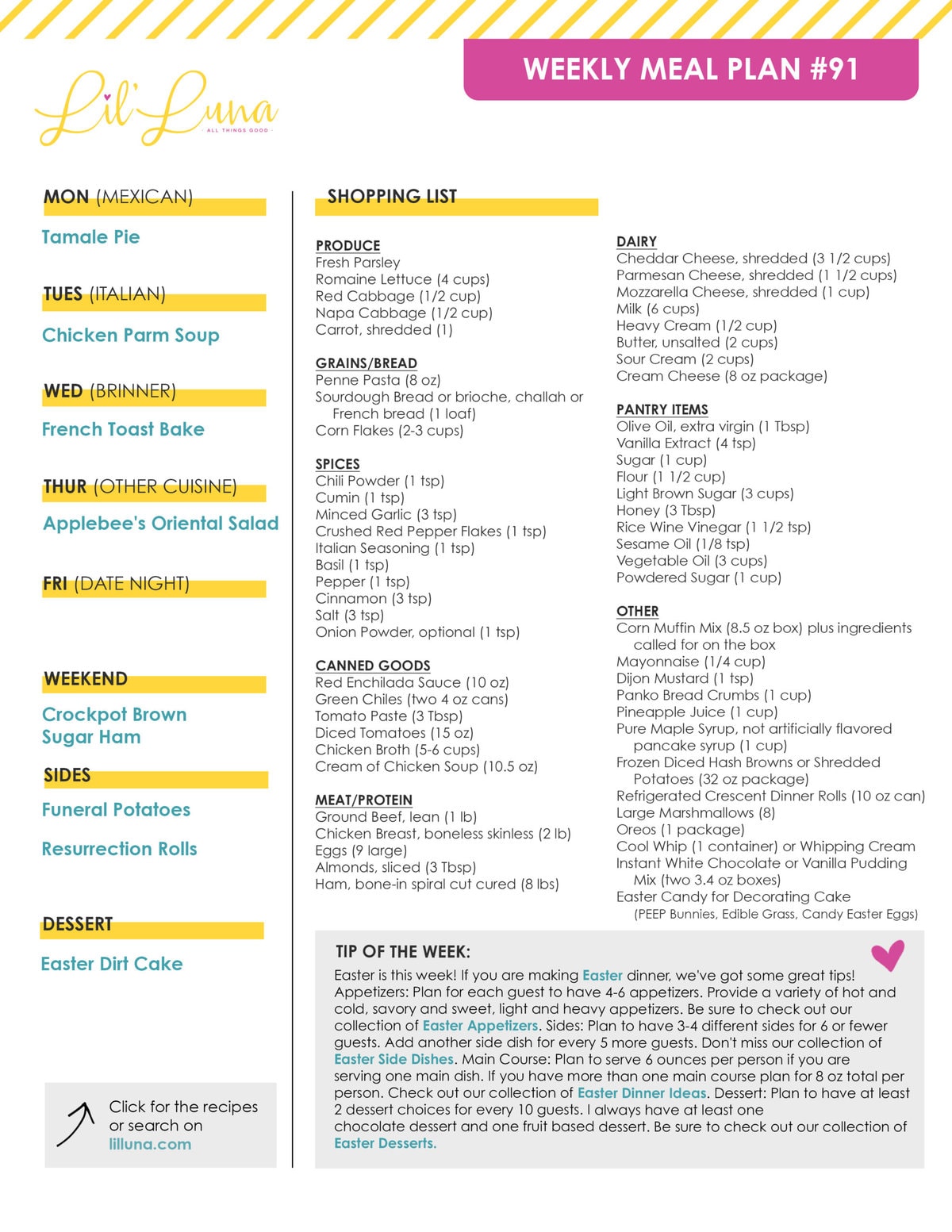 Printable version of Meal Plan #91 with grocery list.