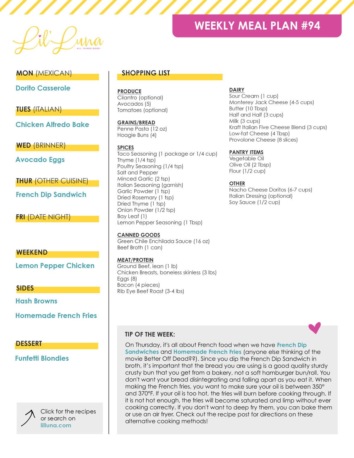 Printable version of Meal Plan #94 with grocery list.