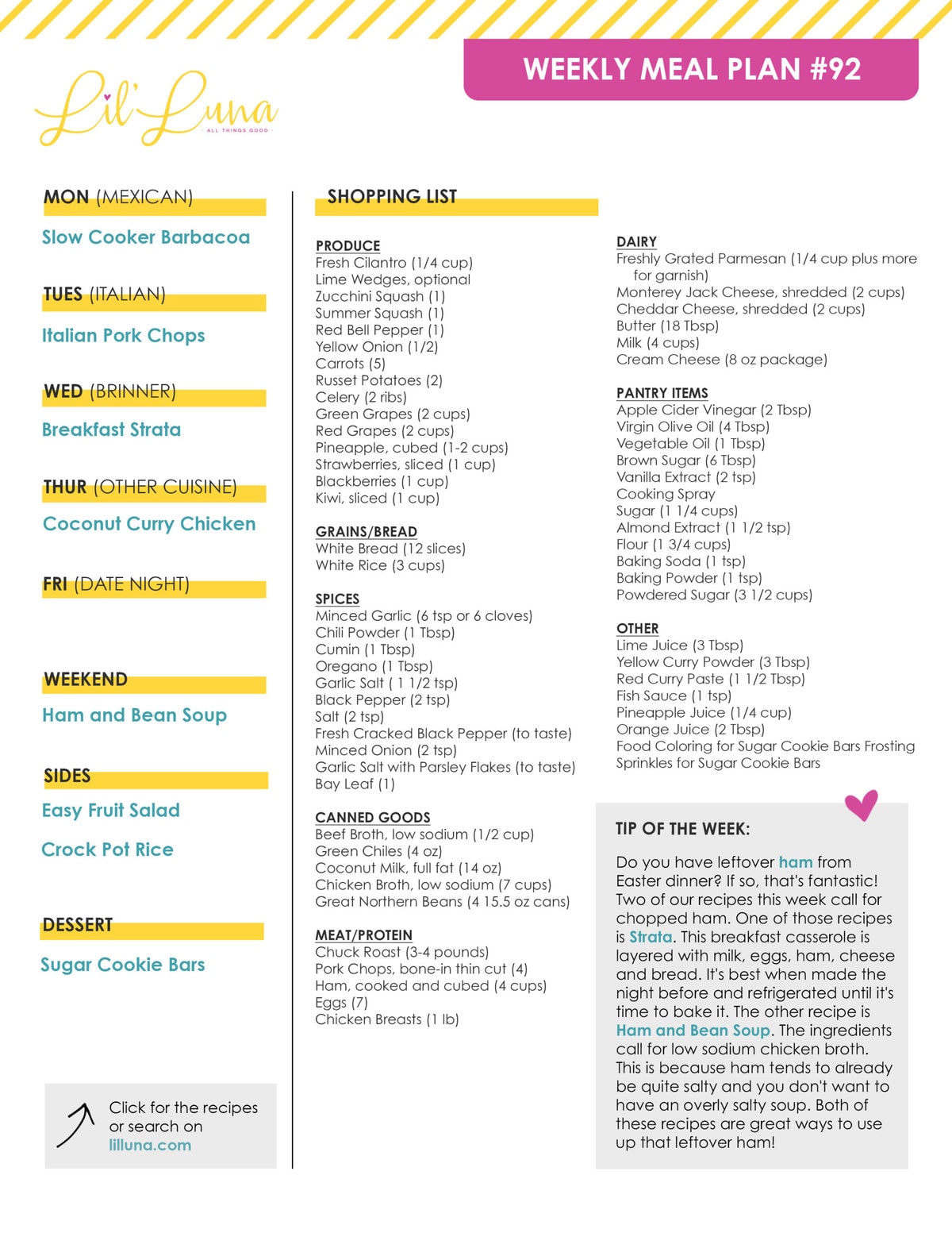 Printable version of Meal Plan #92 with grocery list.