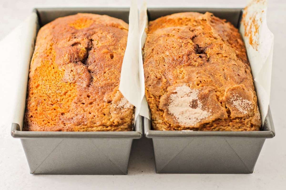 Baked loaves of pumpkin bread on the counter.
