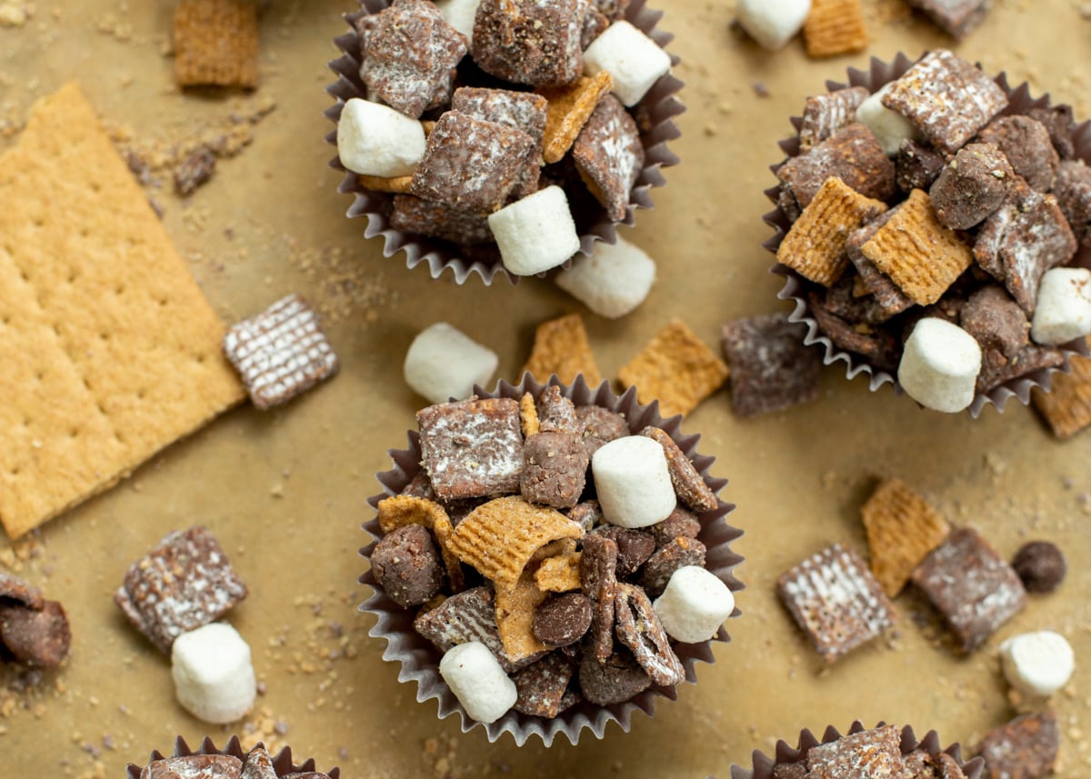 Individual S'mores Puppy Chow in muffin cups.