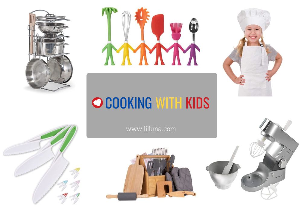 A collage of products to be used when cooking with kids.