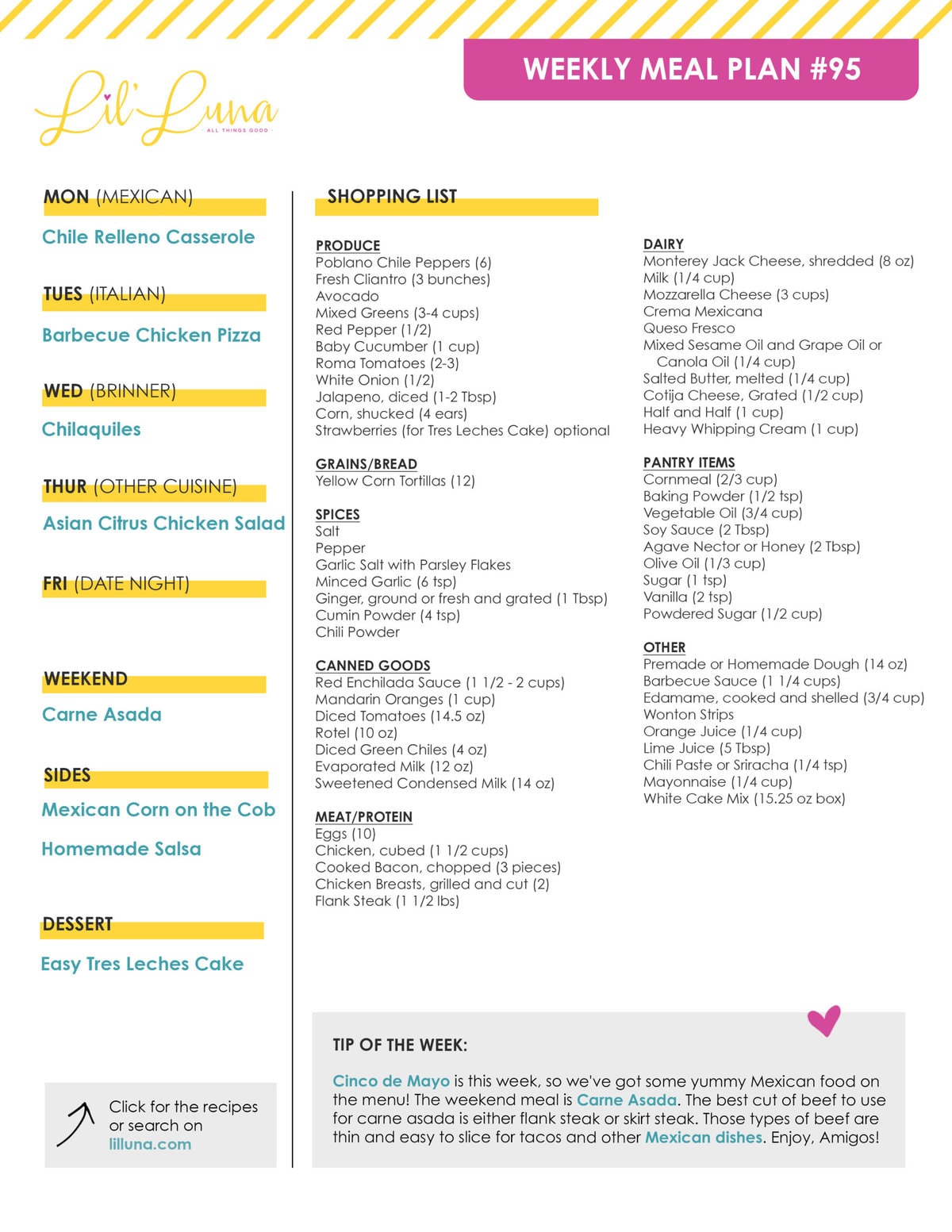 Printable version of Meal Plan #95 with grocery list.