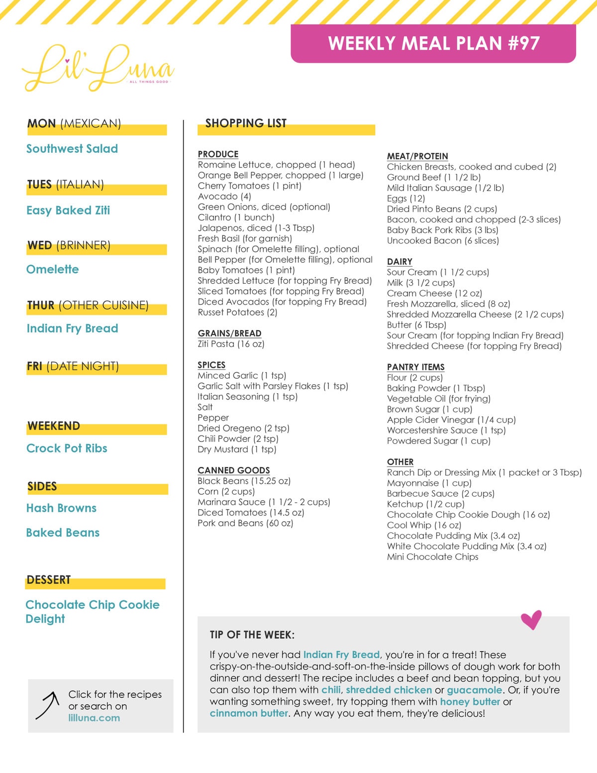 Printable version of Meal Plan #97 with grocery list.