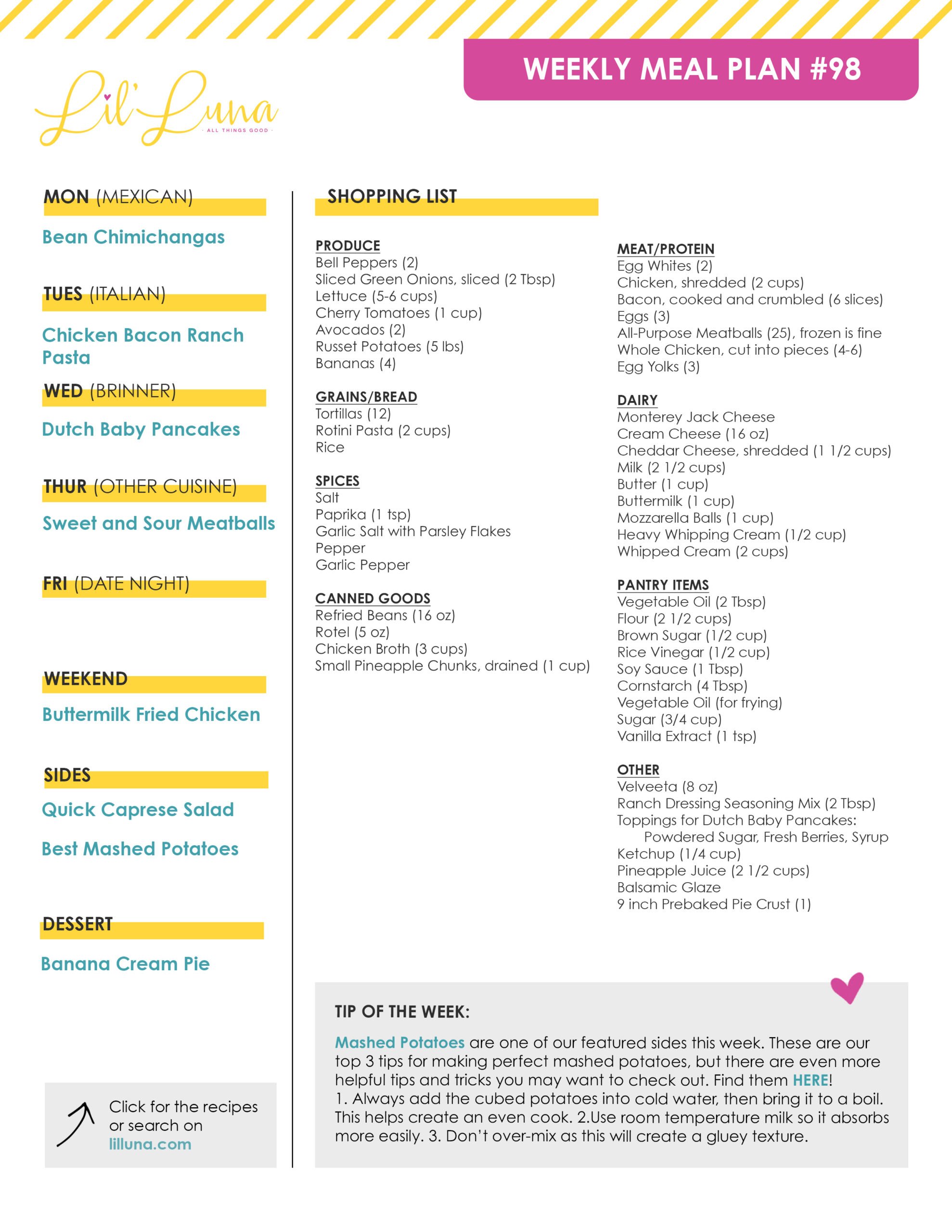 Printable version of Meal Plan #98 with grocery list.