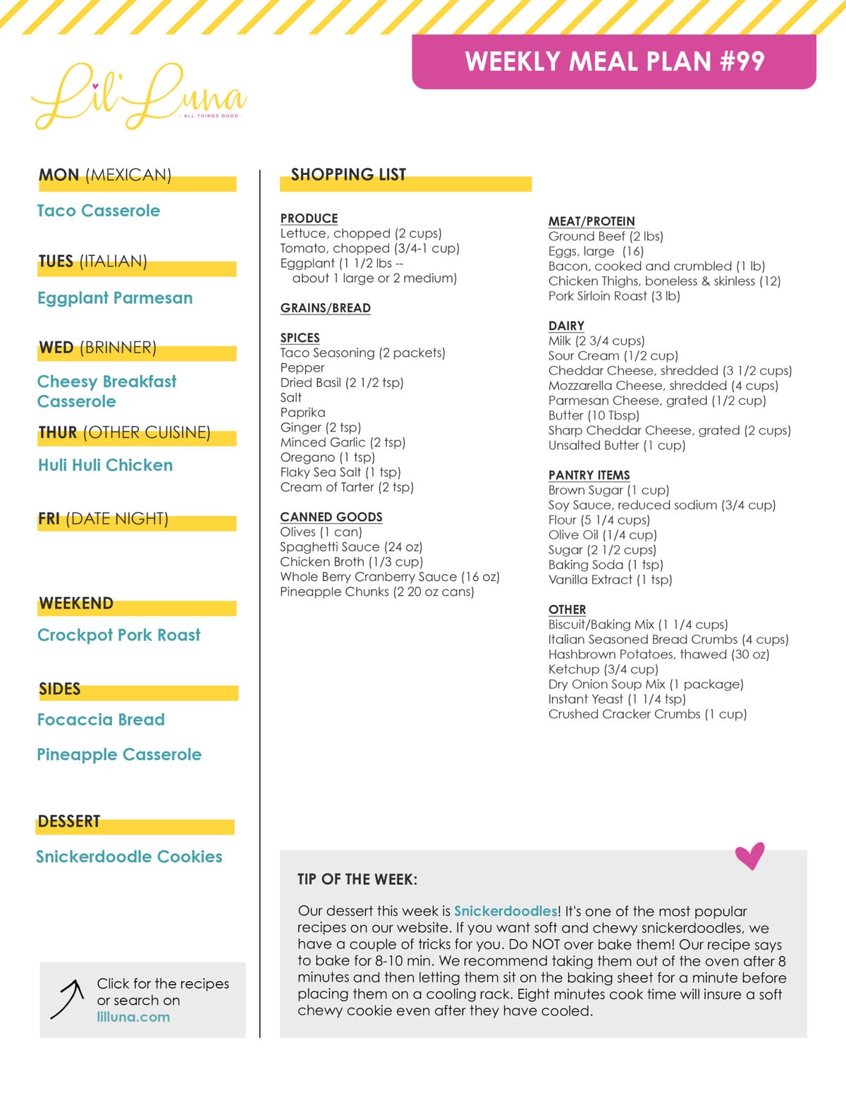 Printable version of Meal Plan #99 with grocery list.