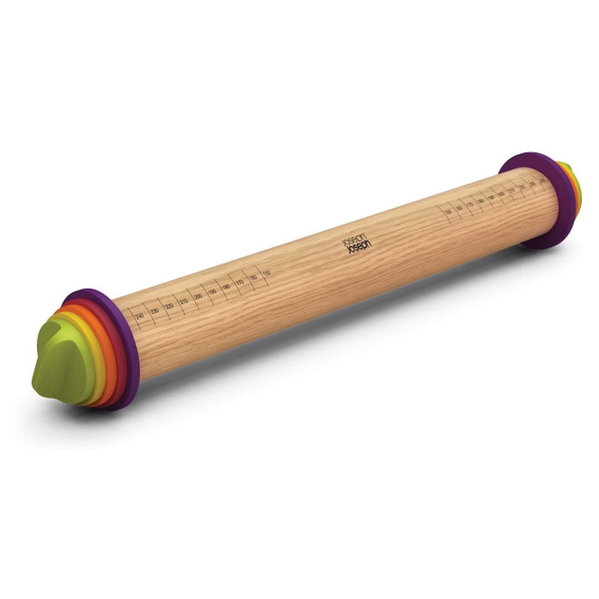 A wooden rolling pin with colorful rings on the ends that can be used to adjust the height of it.