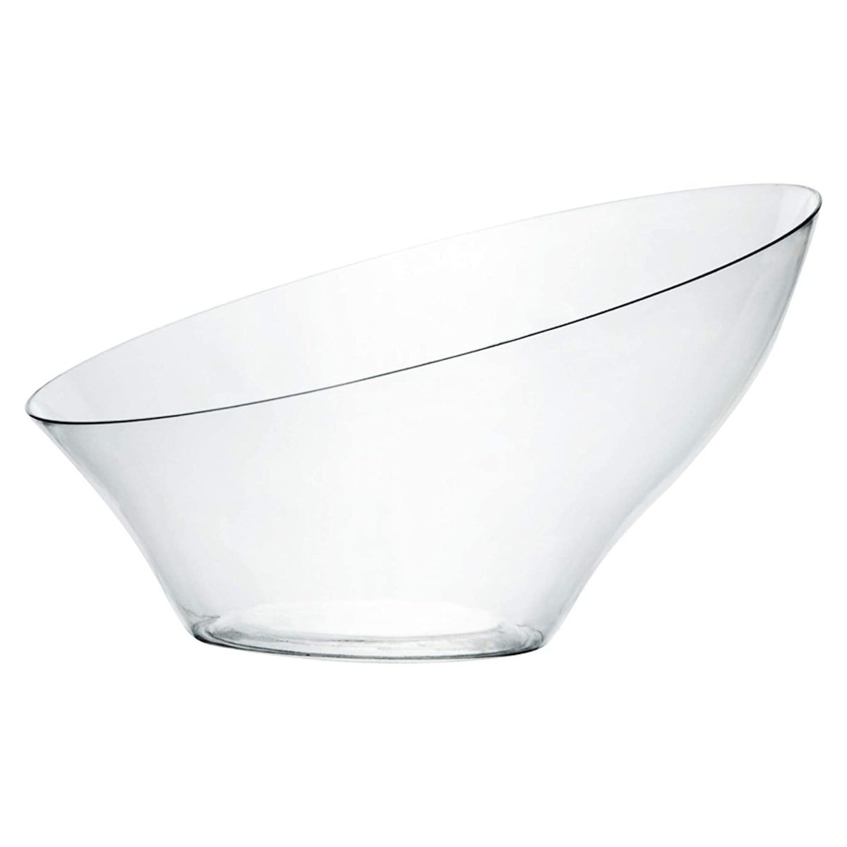 A clear glass serving bowl with an angled rim.