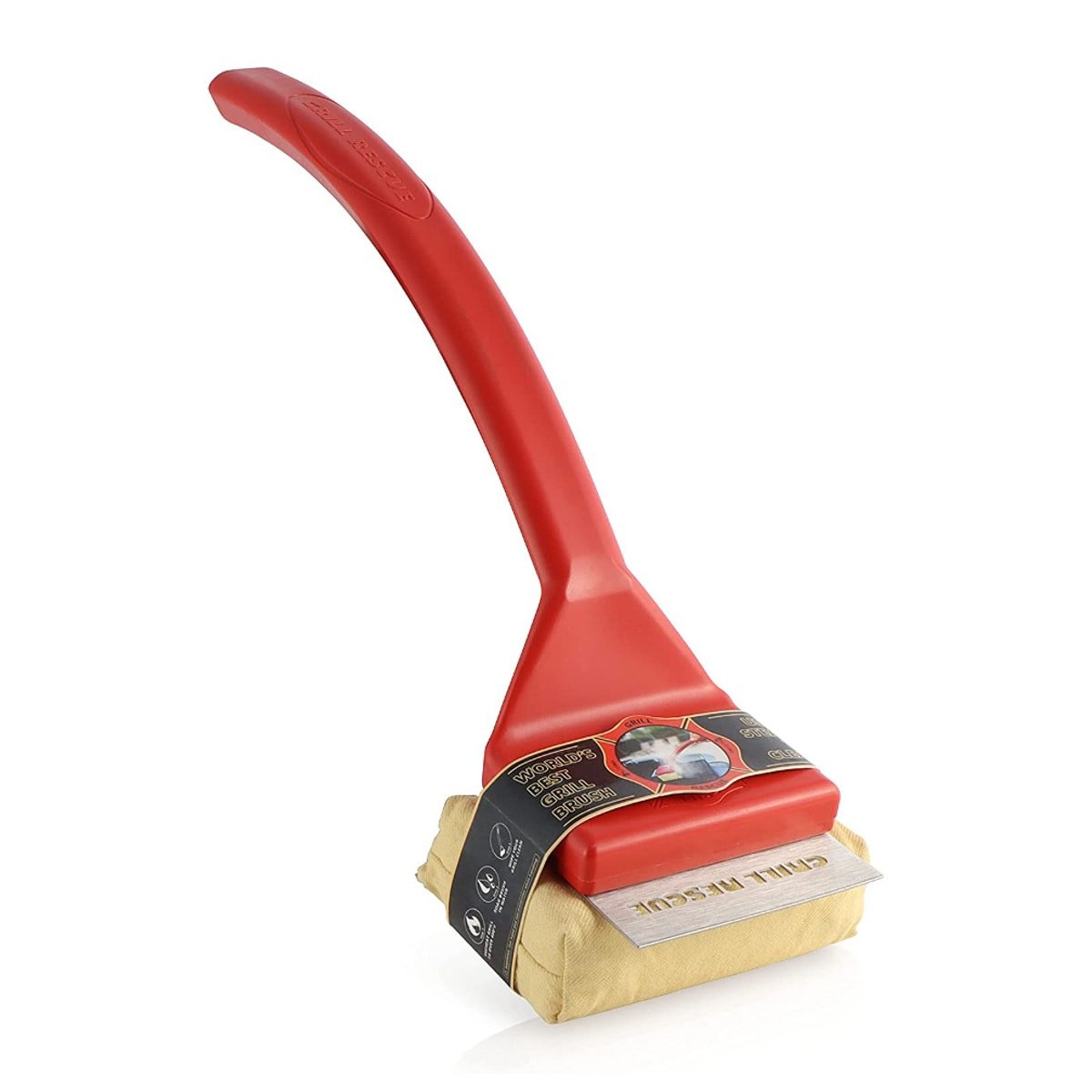 A plastic red handled tool with a metal scraper and beige pad used to clean a grill.