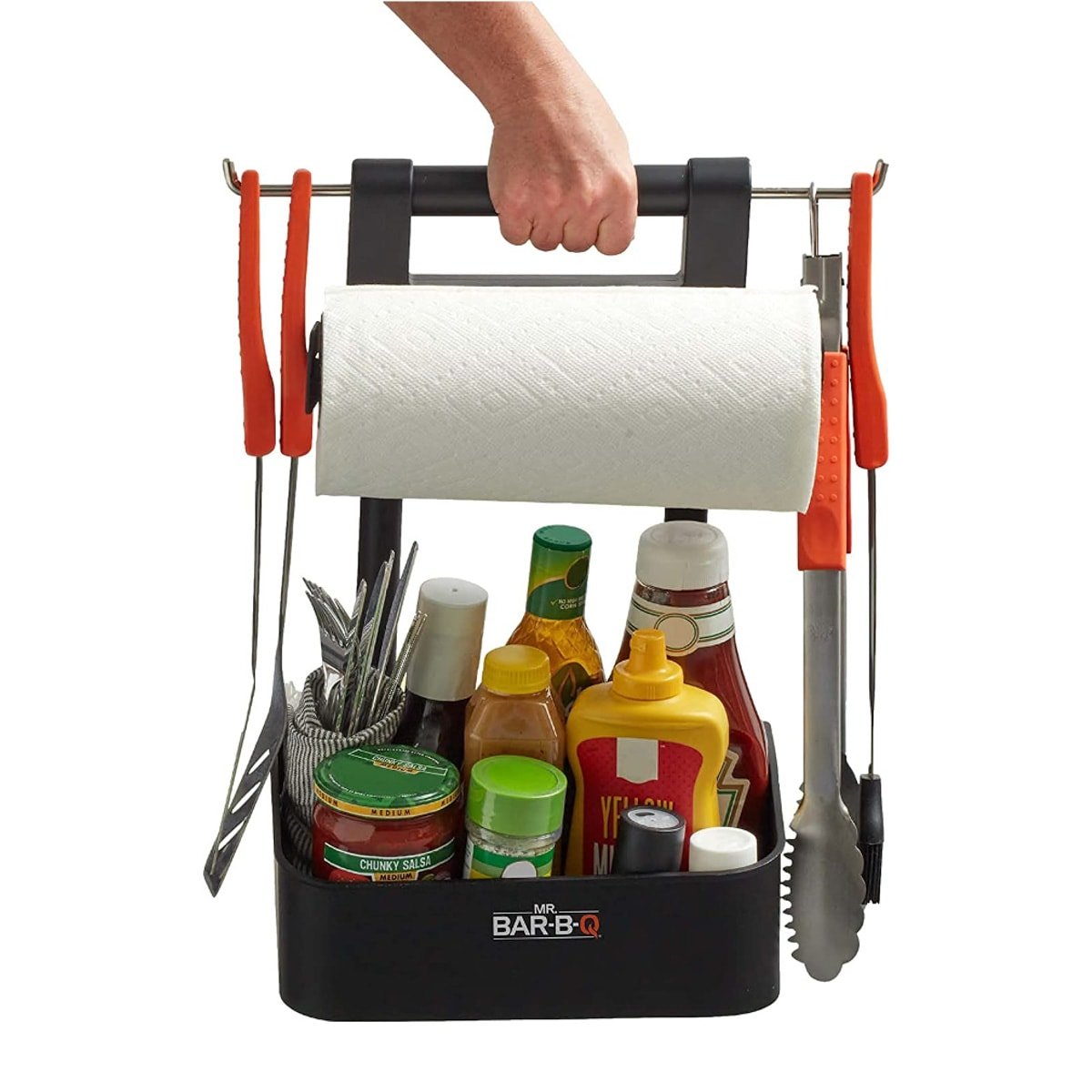 A black caddy used to hold barbecuing supplies, seasonings and condiments.