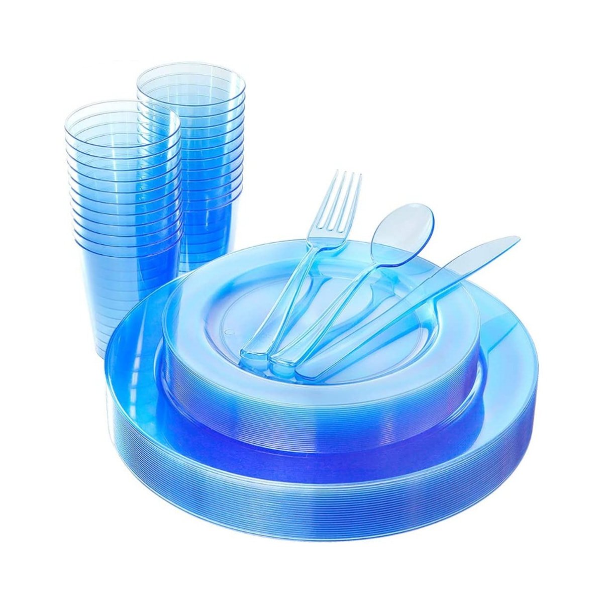 A set of blue plastic plates, utensils and cups.