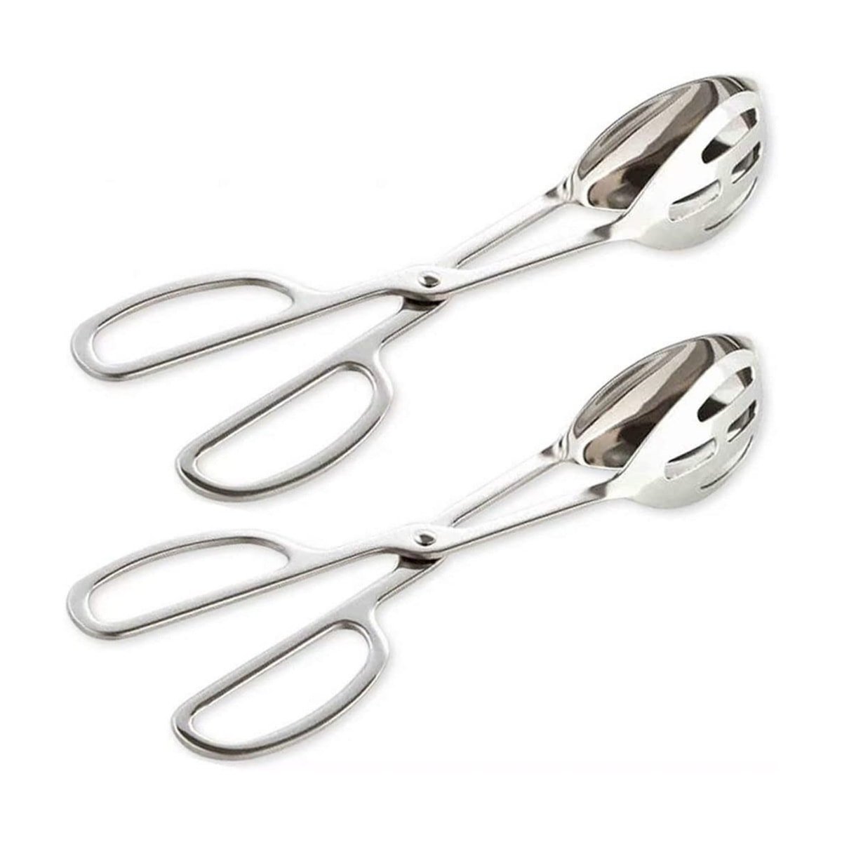 A set of two stainless steel buffet tongs.