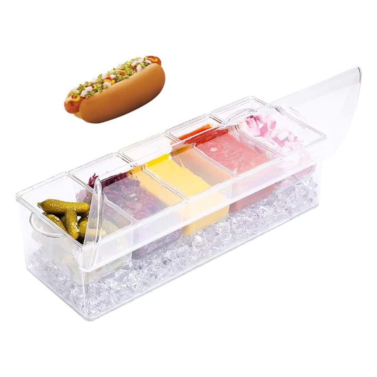 A plastic rectangular container that has multiple compartments filled with condiments and a layer of ice underneath next to a hot dog.